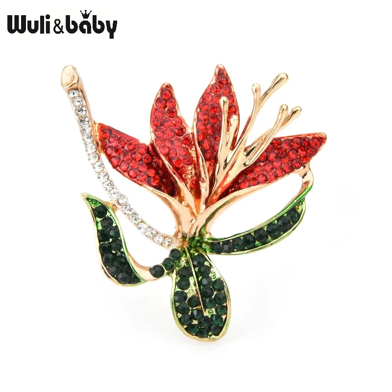 Wuli &amp baby красный цветок из стразов броши для женщин зеленые листья эмаль брошь