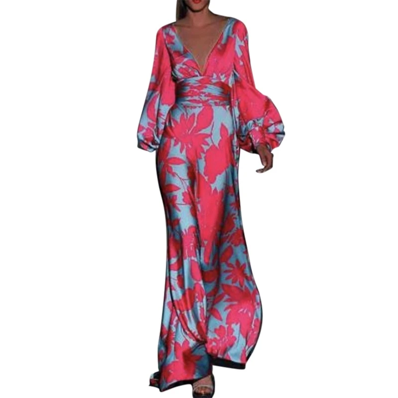 

Long skirt fashion print V-Neck long sleeve dress women's swing skirt