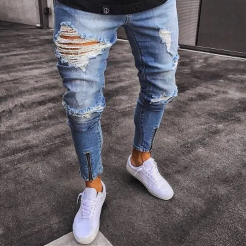 

Men's sexy ripped skinny jeans men's ripped elastic denim pants thin straight pencil pants biker jeans