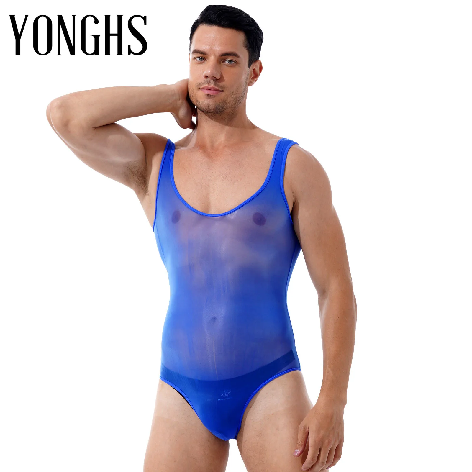 

Mens Sleeveless See Through Romper Nightwear Erotic Lingerie Catsuit Leotard Scoop Neck Glossy Wet Look Hot Bodycon Jumpsuit