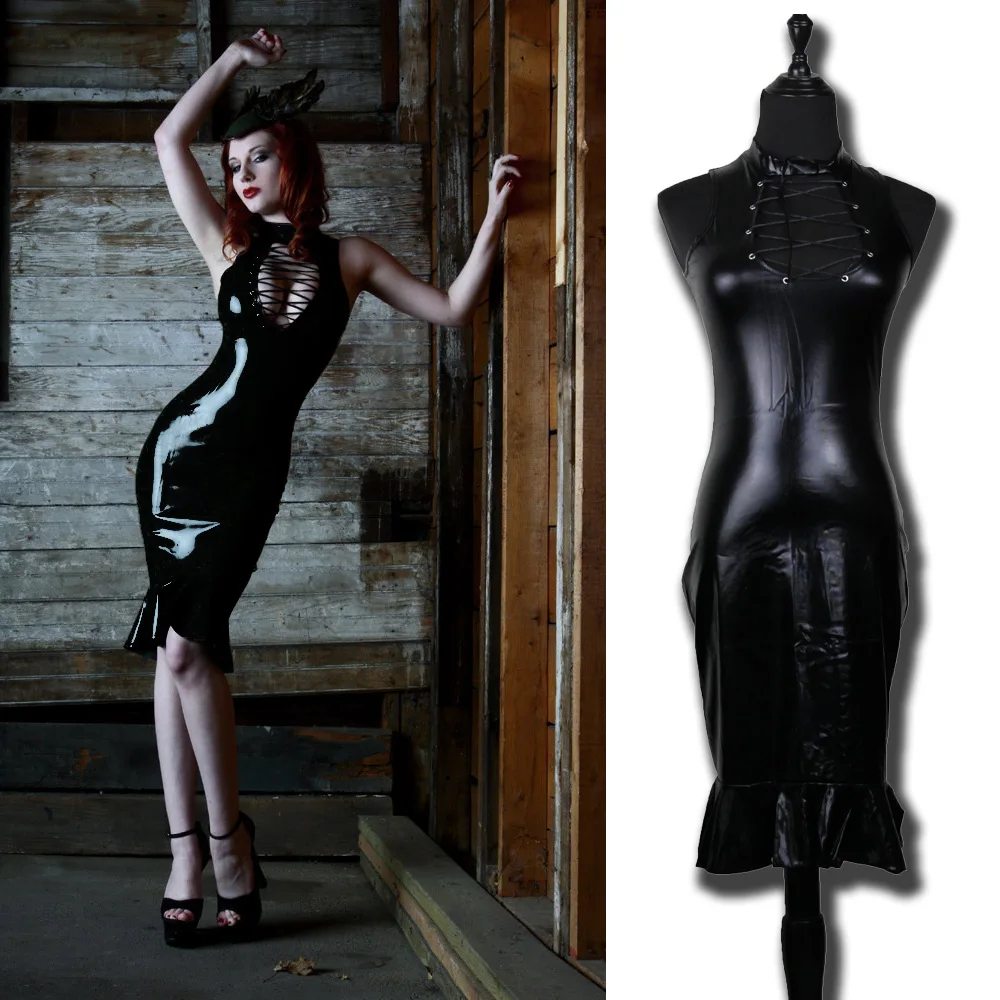 

Latest Sexy Black Gothic PVC Latex Wiggle Mermaid Dress Club Fetish Wear Wet Look Leather Midi Dress