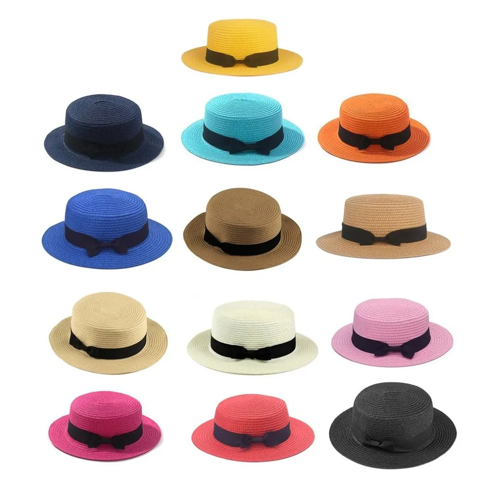 Шляпа от солнца Boater с лентой и плоским верхом Соломенная пляжная Панама для мам