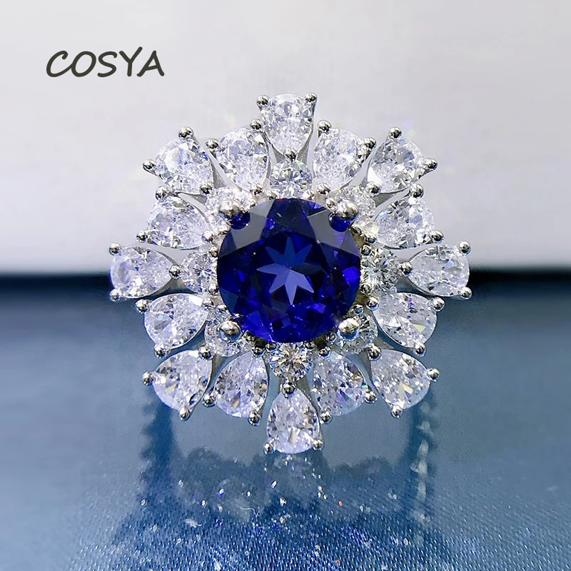 

COSYA 100% 925 Sterling Silver 8mm Sapphire High Carbon Diamond Rings For Women Sparkling Party Hot Sale Fine Jewelry Wholesale