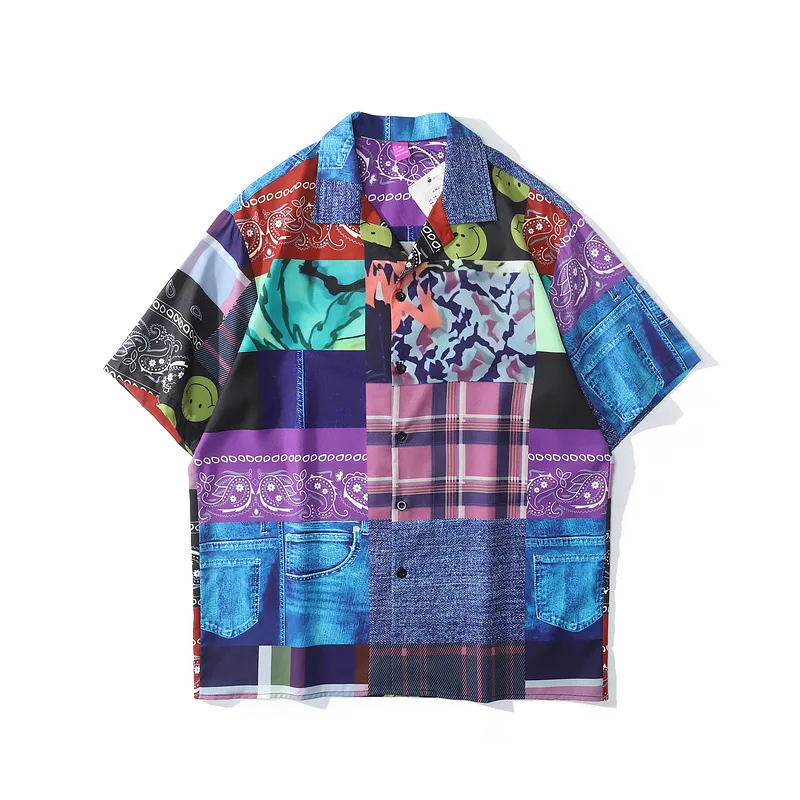 

2021 Cashew Flowers Print Shirts Tropical Hawaiian Streetwear Hip Hop Color Block Patchwork Beach Shirt Tops Summer WY774