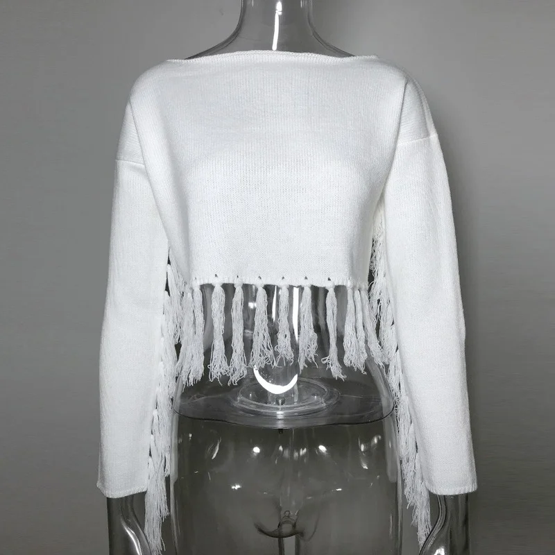 

New Spring Autumn Elegant Full Sleeve White Tee Party Sexy Casual T-shirt New Handmade Tassel Crop Top Women Street Office Lady