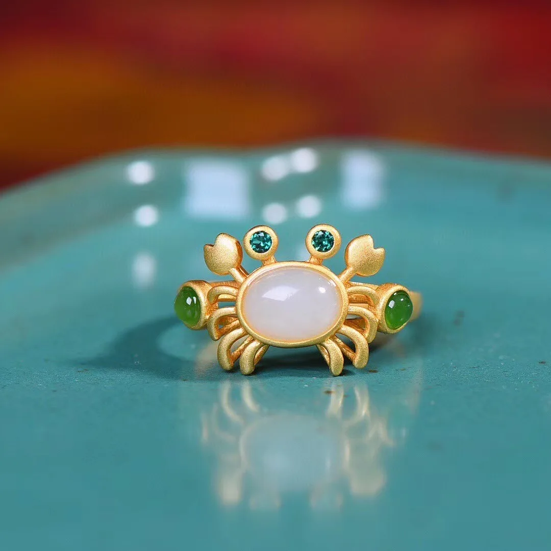 

S925 Inlaid Value Hetian Jade Qinghai Material White Jade Cartoon Crab Ring Wealth Comes from Every Direction