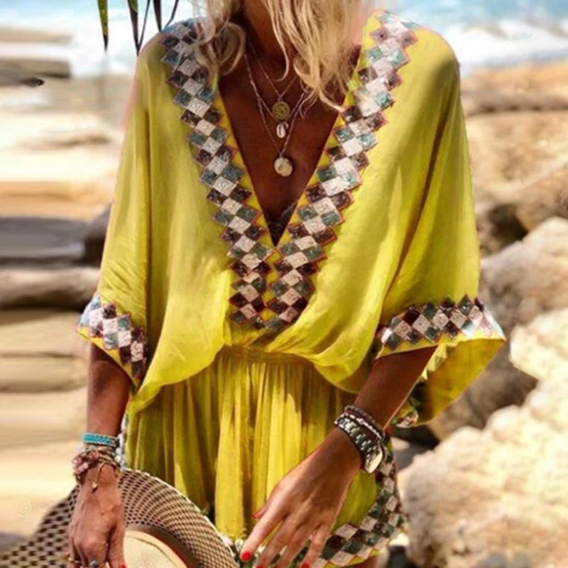 

New Beach Long Skirt Print Dress Foreign Trade National Style women's European And American Dress Simia Spot V-neck Dress