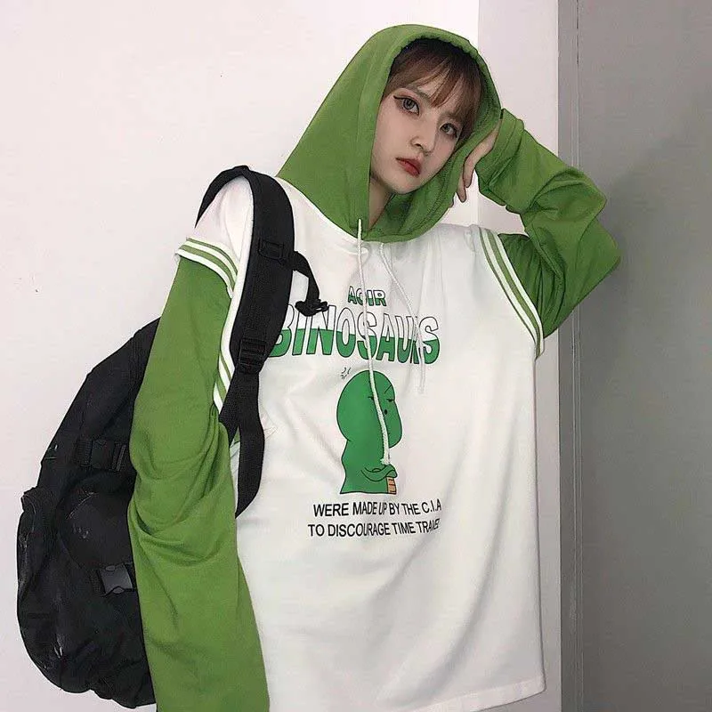 Худи NiceMix в корейском уличном стиле с мультипликационным принтом динозавра