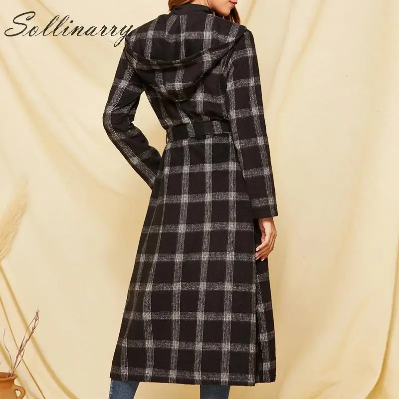 Sollinarry High Fashion Black Women Long Coats Trench Elegant Autumn Winter Hodded Sash Jacktes Female Casual Coat Outwear Plaid | Женская