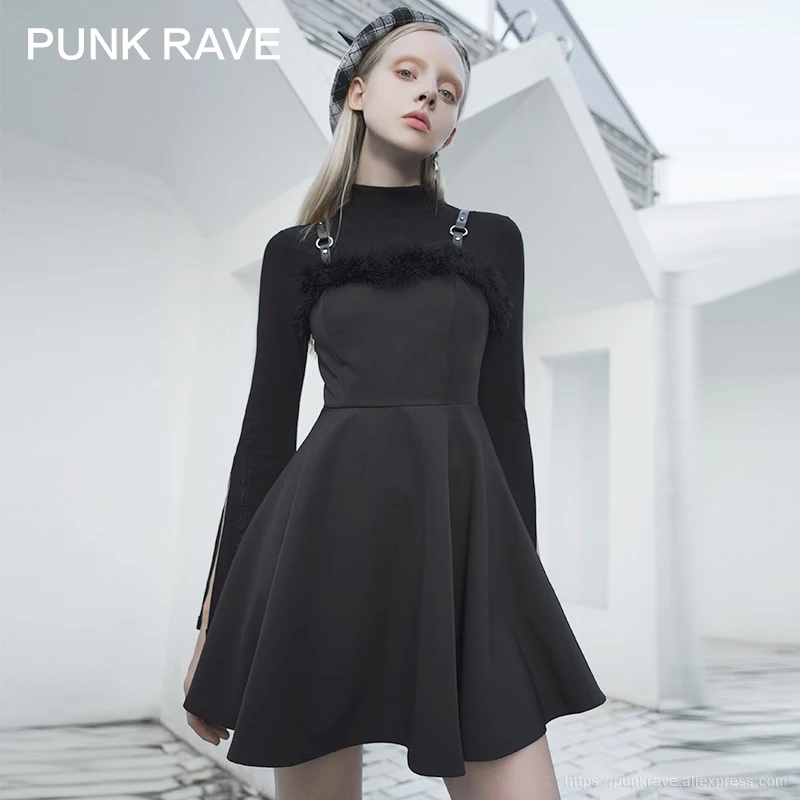 

PUNK RAVE Girl's Gothic Daily Waist Temperament Dress Female Dark Wavy A-line Minimalist Style Girl Little Black Dress