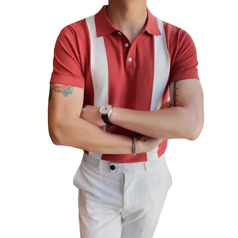 

2021 Summer Men's Short-sleeved Knitted Casual POLO Shirts Contrast Color British Slim Lapel Ice Silk POLO Shirt Men Clothes