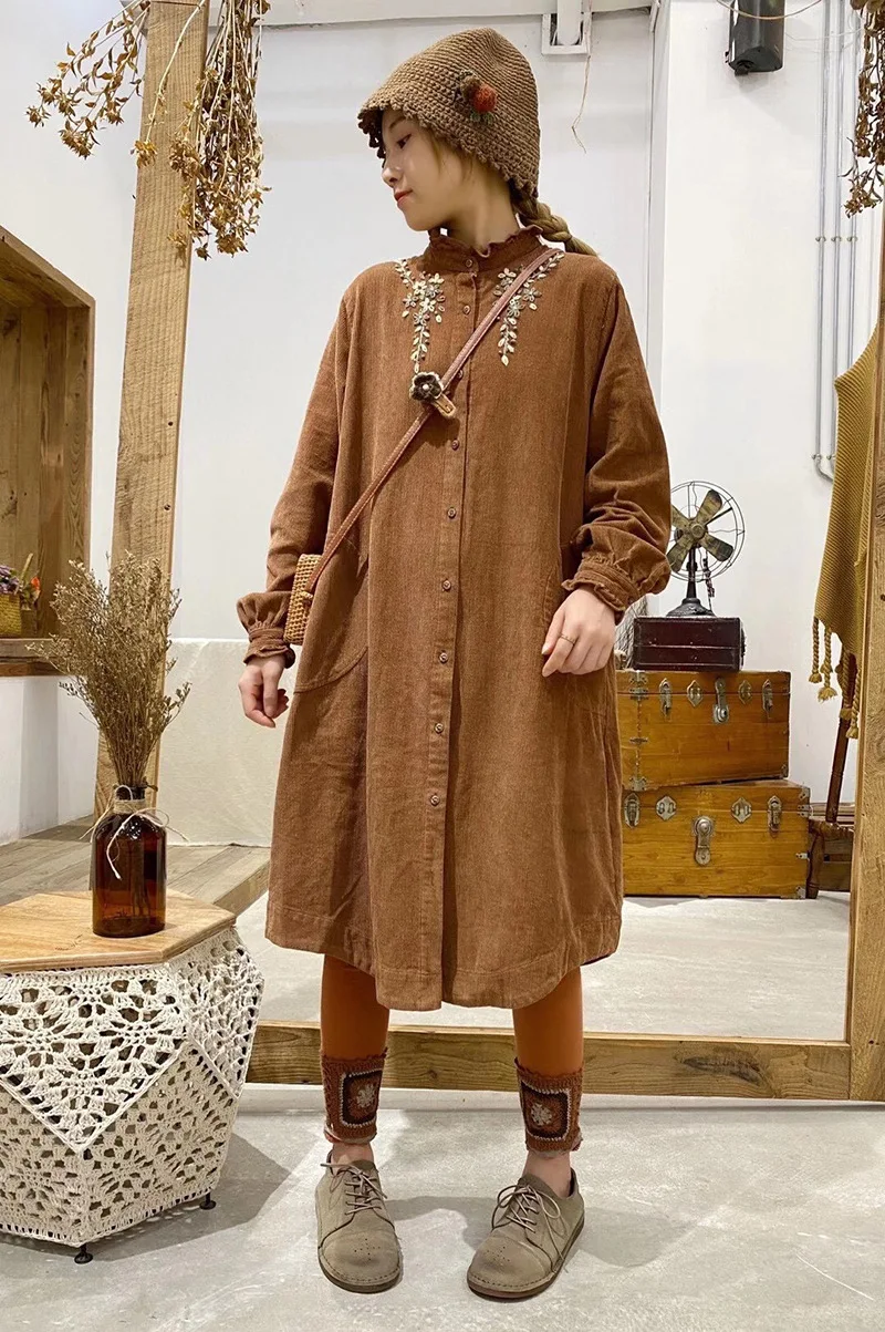 

New Autumn Corduroy Dress Japan style loose shirt dress embroidered floral dress