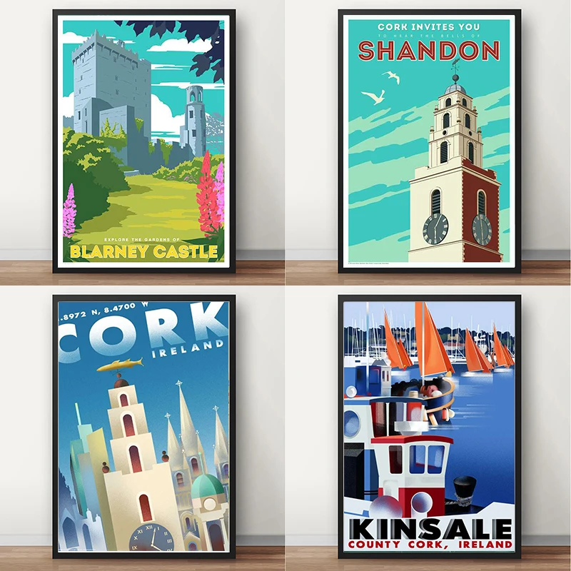 Ирландия гавань Город пробка винтажные постеры для путешествий Картина на