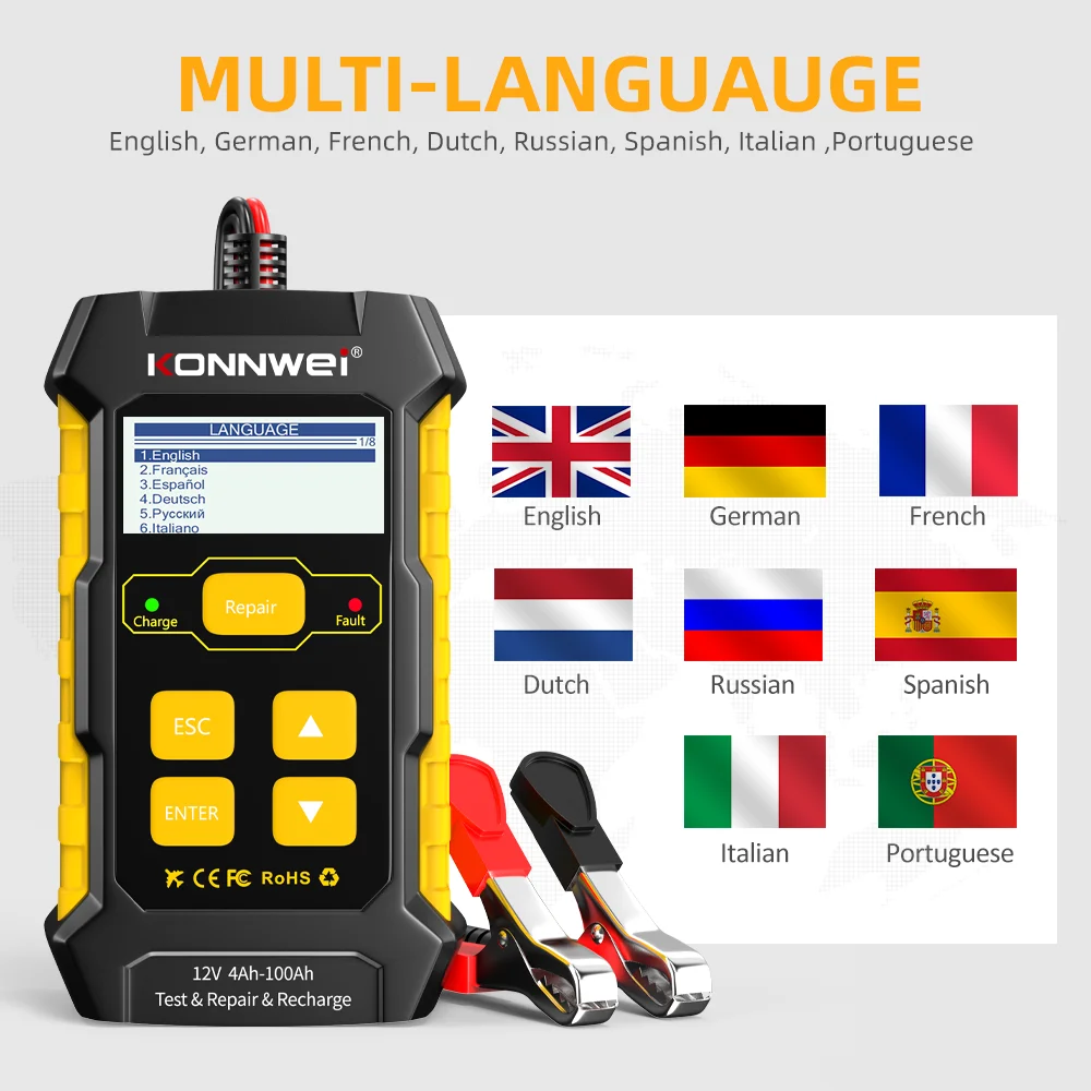 

KONNWEI KW510 12V Car Battery Chargers AGM Power Tester Wet Dry Gel Lead Acid 3 in1 Professional Car-Battery Pulse Repair Tool
