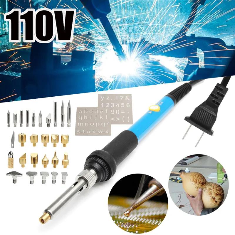 

28Pcs/Set 110V 60W Electric Soldering Iron Tools Set Wood Burning Pyrography Engrave Solder Tool Kit Brass With Tips US Plug