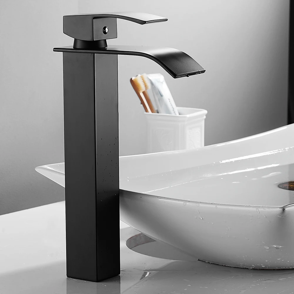 Waterfall Tall Basin Faucet Bathroom Sink Taps Mixer Black Spray Square Mono Stainless Steel Body Zinc Alloy Handle | Обустройство