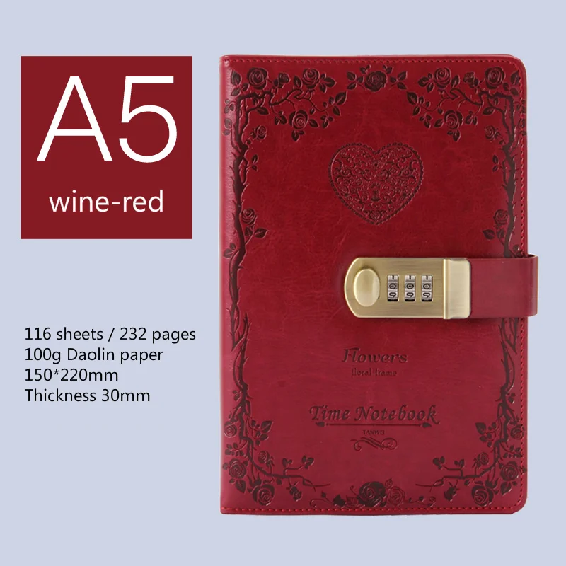 A5-wine red Дневник B6 Пароль Книга с замком Ретро ноутбук путешествия школы девушки подарок тетрадь журнал деловой планировщик - Цвет: A5-wine red