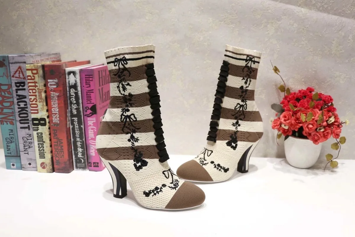 

Womens Pointed Toe Knitted Match Colors Embroidery Floral Strange High Heel Knitting Real Leather Shoes 6Color Luxury New D1010