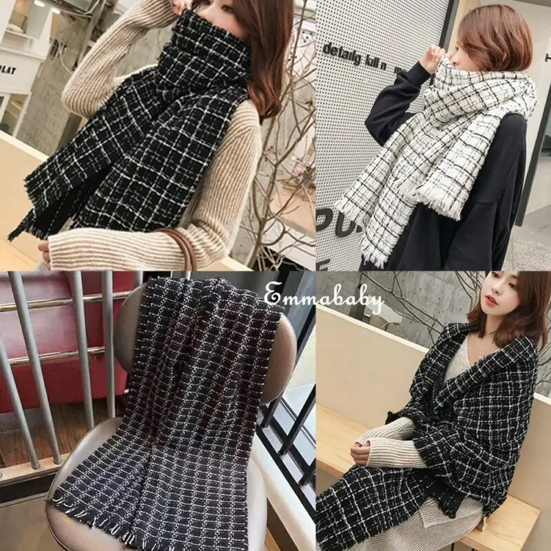 Women Pashmina Winter Plaid Warm Shawl Oversize Cashmere Wrap Stole Long Scarves | Аксессуары для одежды