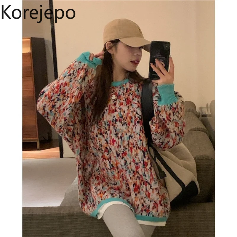 

Женский пуловер контрастных цветов, сезон зима 2021, новые свободные универсальные модные свитера с длинным рукавом, Простые Топы