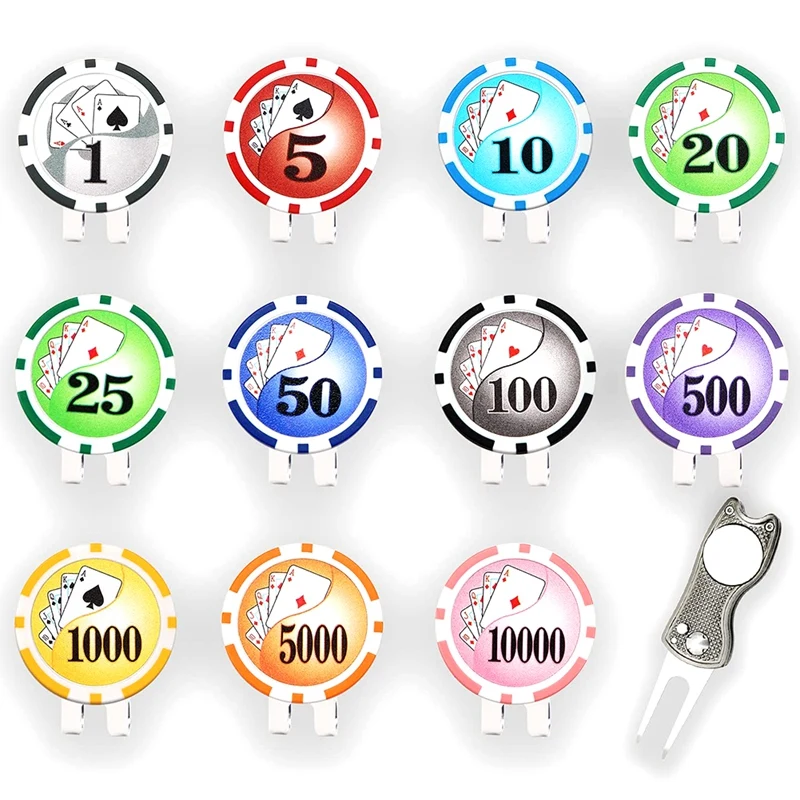

Poker Chip Golf Ball Marker with Golf Hat Cap Clips and 1 Golf Divot Repair Tool, Premium Gifts for Men Women Golfer