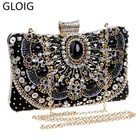 Клатч женский вечерний металлический, черного цвета, с бусинами