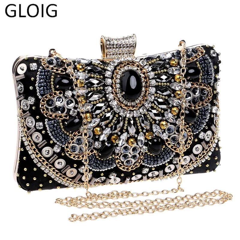 Женские вечерние сумки клатчи GLOIG черные сумочки с бусинами металлические