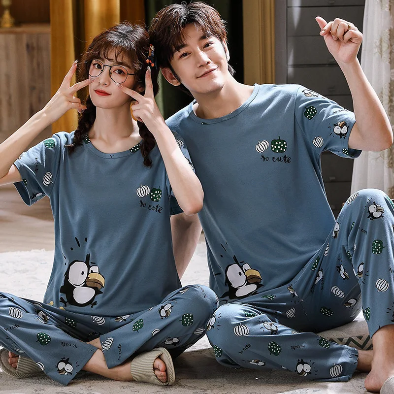 Couple Pajamas Sets Summer Cotton Short Sleeve Trousers Cartoon Women's Nightgown & Sleepstirts Thin Men's Large Size Home Wear