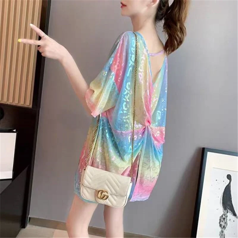 

Summer T-Shirt Women Shiny Letters Print tees tops Backless O-Neck Short Sleeve Loose T-Shirt plus size Women clothing