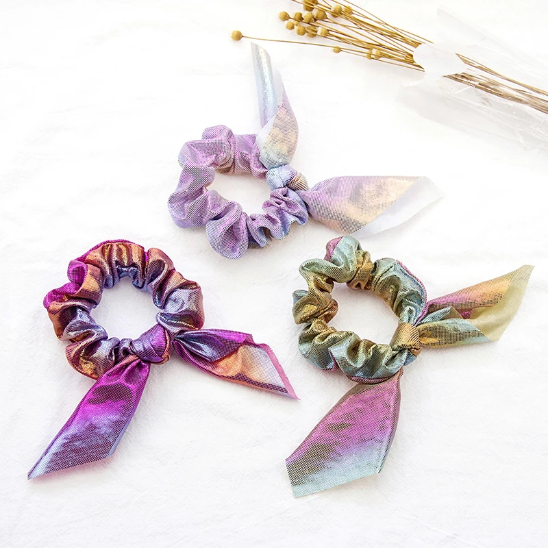 

Gradient Laser Scrunchies Elastic Hair Band Soft Headwear Rainbow Knotted Rabbit Ear Hair Rope Ponytail Holder Hair Accessories