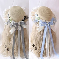 lattice lolita straw hat japanese wild hipster pastoral long streamers sweet bow sunshade hat