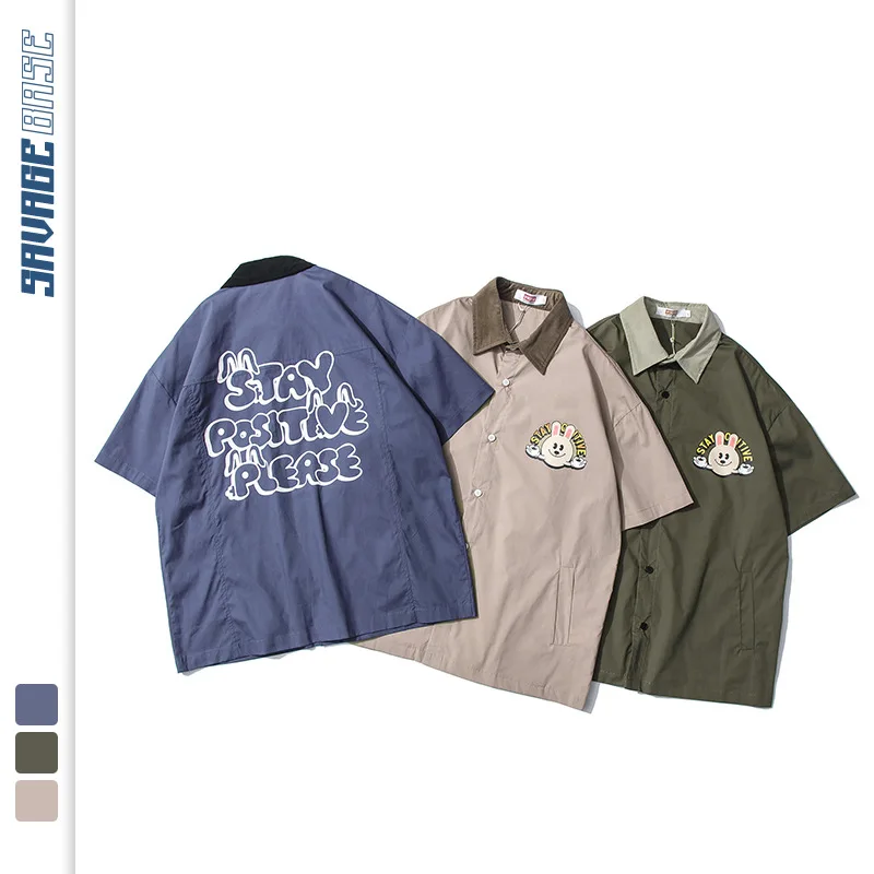 

2021 New Men's Loose Short Sleeve Shirts Summer Japanese Fashion Cartoon Print Mens Button Up Shirt Student Casual Clothes