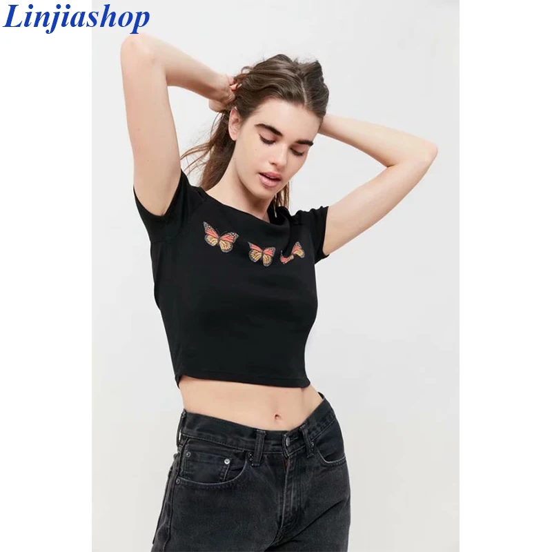 Женские укороченные футболки ECLIPSE черные эластичные из мягкой хлопчатобумажной