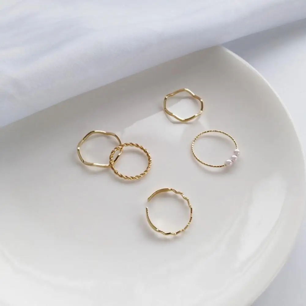 Adjustable 5PCS/Set Fashion Minimalist Style Personality Gold Geometric Wave Opening Rings Circle Pearl Set For Women | Украшения и