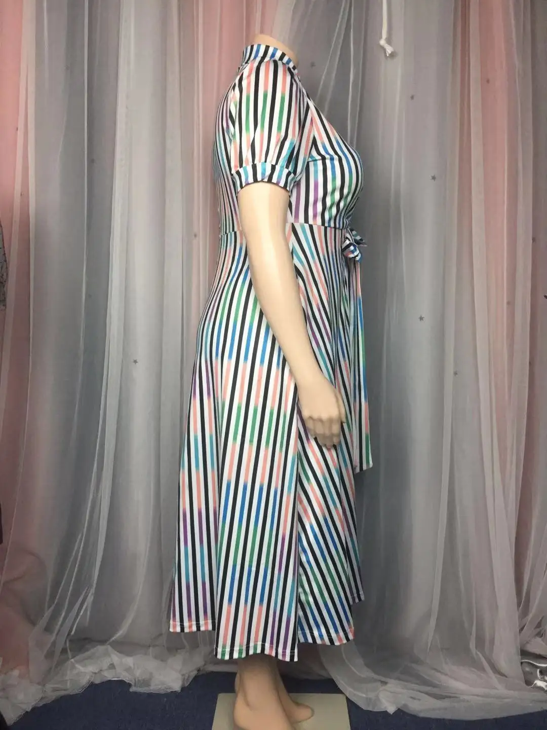 

Elegant Stripes Printed Women Shirt Dress Plus Size Summer Turn-down Neck Single-Breasted Pockets Ankle-Length Party Dresses