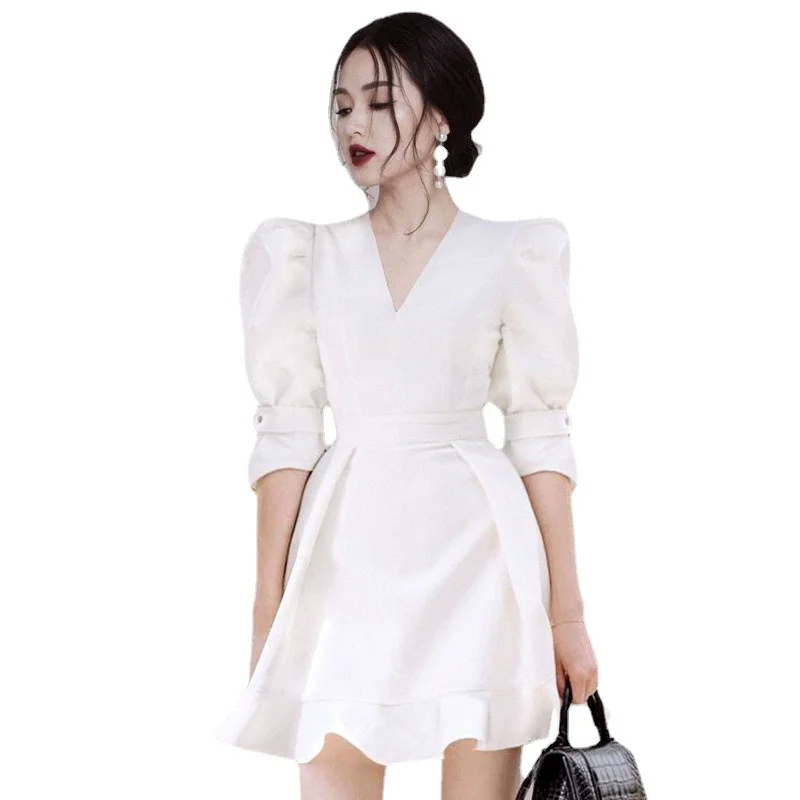 

DEAT 2021 New Spring And Autumn Fashion Casual V Neck High Waist Slim Loose Zipper White Dress Women Vestido SK676