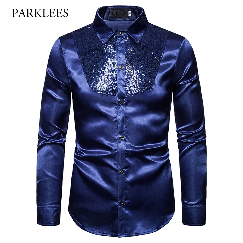Мужская рубашка под смокинг синяя с блестками и длинным рукавом для ночного