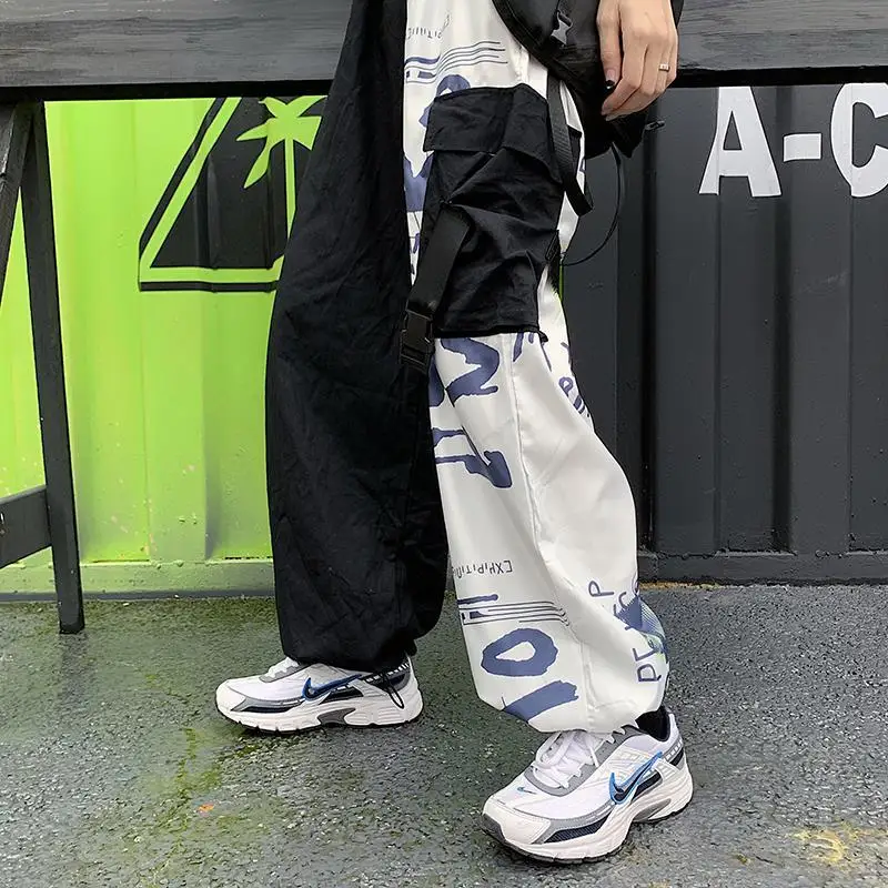

Streetwear Graffiti Patchwork Ribbon Female Jogger Pants Hit Color Pocket High Elastic Waist Women Pants Trousers