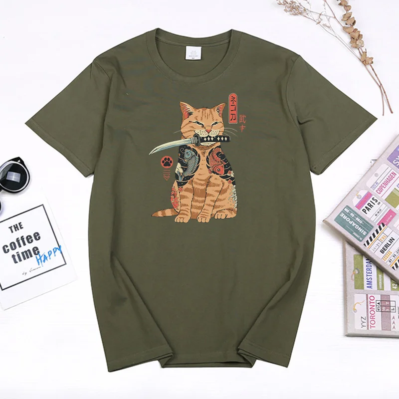 

Catana Comics Cute Tee Funny Ninja Cat Samurai Cat Graphic T Shirt Short Sleeve Casual Summer Fashion Men Women Tops Camisetas