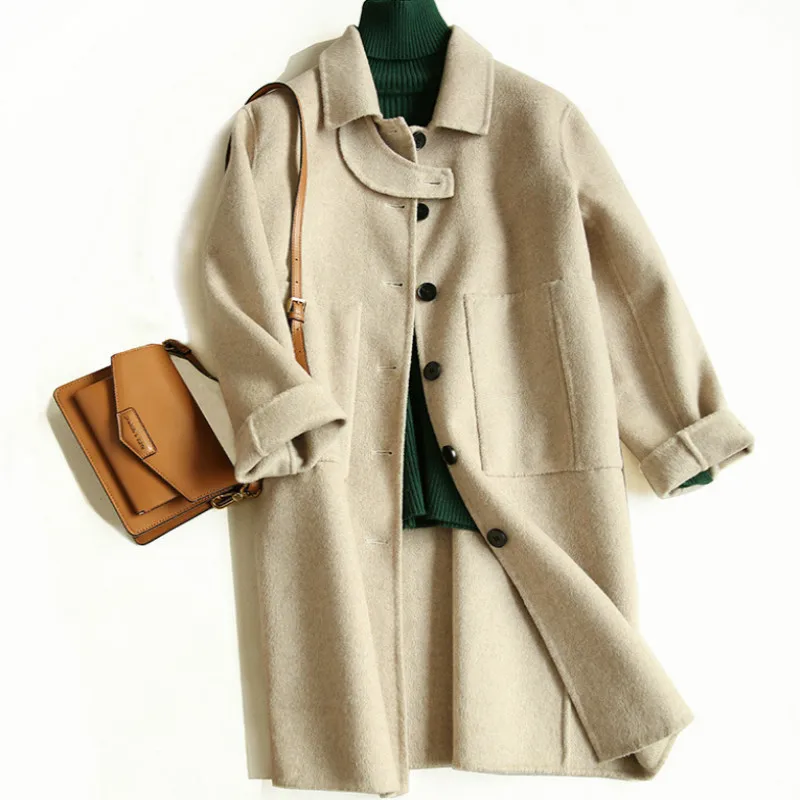 

New Autumn Winter Double-Sided Wool Coat Womens Casual Overcoat Handmade Woolen Warm Cashmere Long Vintage Minimalist Outwear