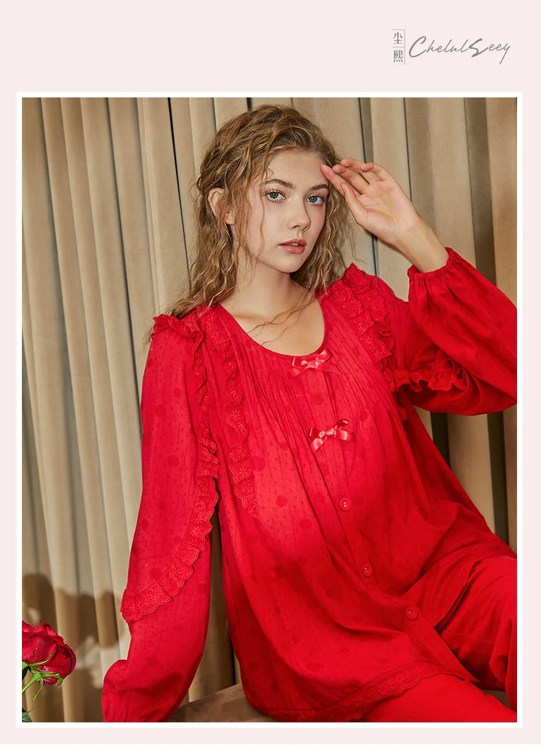 

2021 Spring New French Style Retro Princess Pajamas Women's Cotton Sleepwear Sweet Home Wear Night Suit Pink Pyjamas