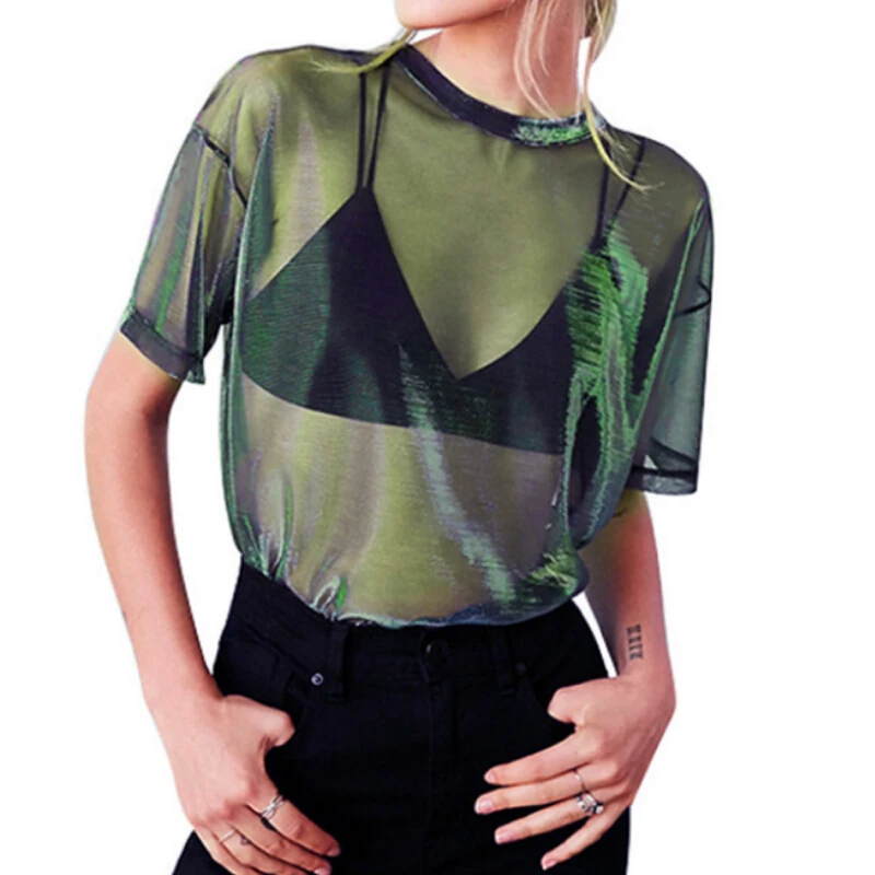 Летняя Сексуальная женская прозрачная футболка с коротким рукавом топы круглым