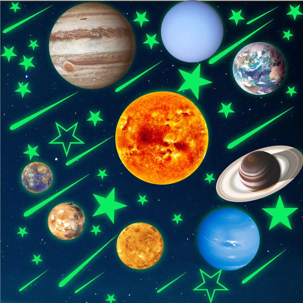 

Luminous Moon Wall Sticker Nine Planets Solar System Star Meteor Fluorescent Sticker Home Decoration Wall Sticker for kids rooms