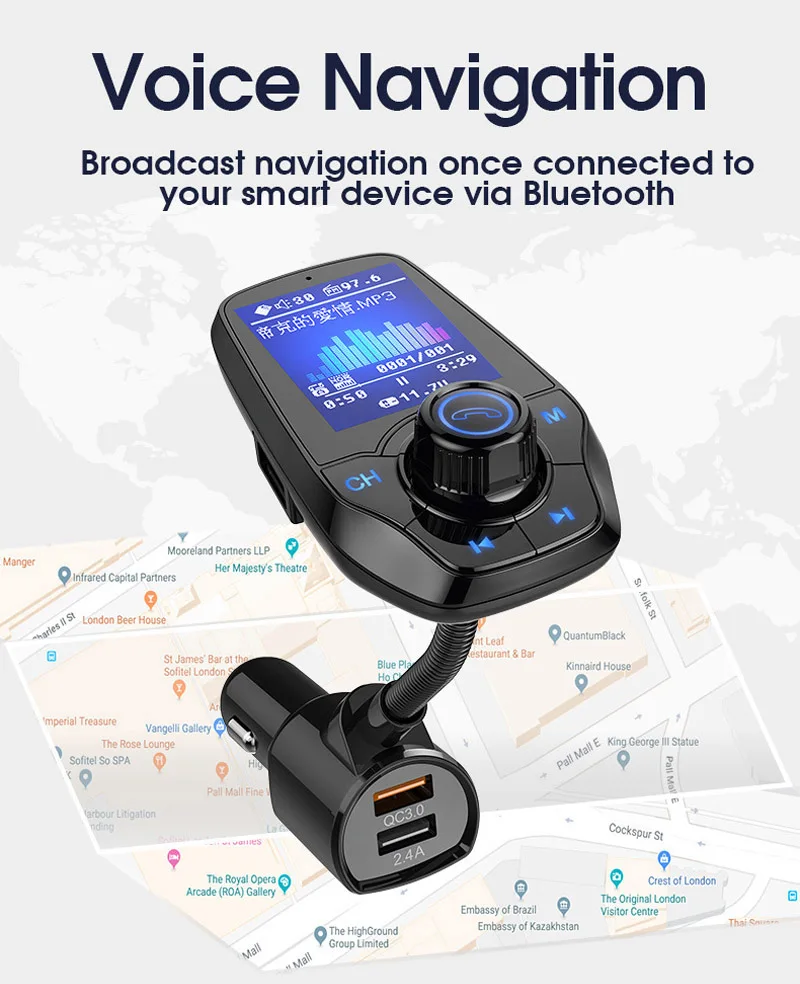 

JaJaBor FM Transmitter Bluetooth Car kit Handsfree AUX Music Receiver Large 1.8 Inch Screen Display QC3.0 Dual USB Car Charger