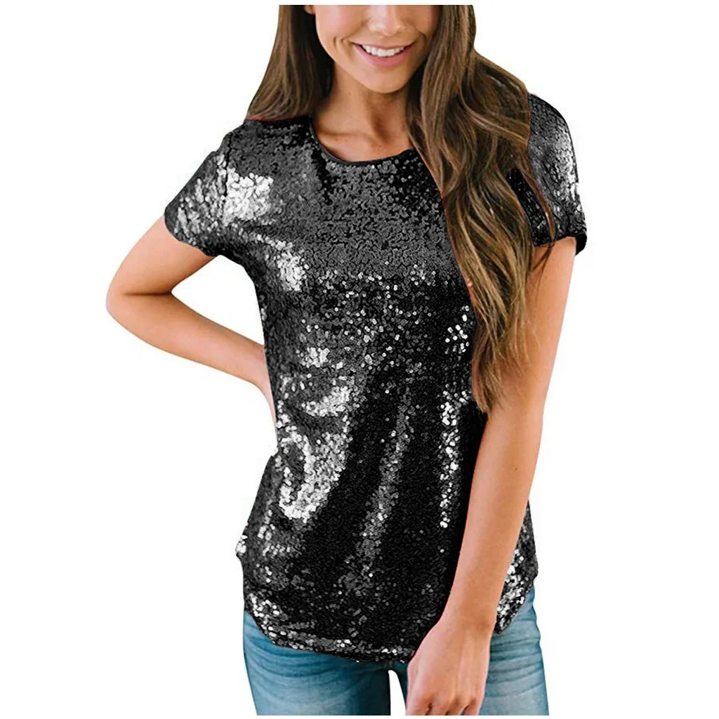 KANCOOLD 2020 New Women T Shirts Solid Round Neck Sequins Casual Comfortable T-shirts Elegant Lady Tees Short Sleeve Tops | Женская