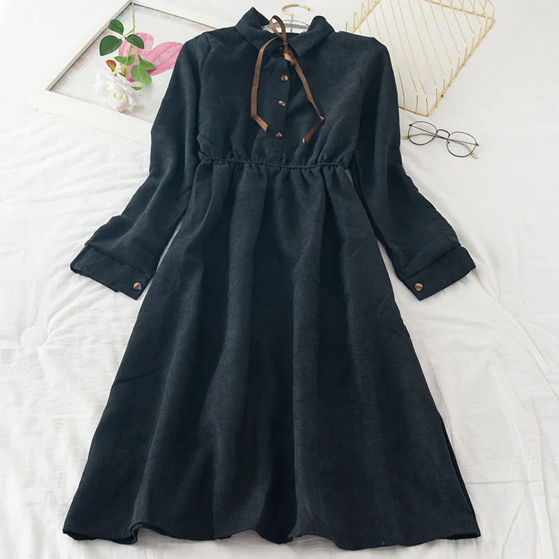 Платье женское винтажное до середины икры с высокой талией и длинным