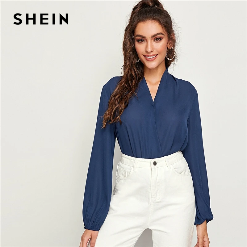 Женская офисная блузка SHEIN темно синяя с v образным вырезом и рукавами фонариками