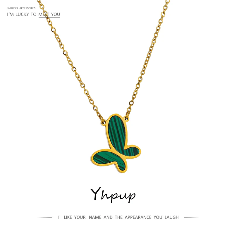 YHpup Green Butterfly Stainless Steel Pendant Necklace Gold Fashion 316 for Women Malachite Stone Charm Collar Jewelry | Украшения и