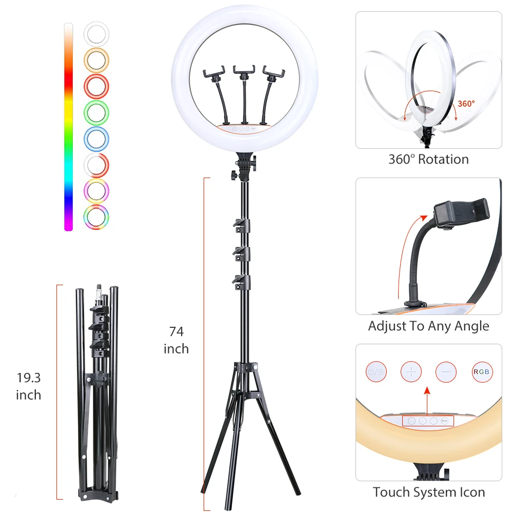 저렴한 18 인치 45 Cm RGB 링 라이트 전화 클립 홀더 스탠드 Selfie 다채로운 사진 조명 비디오 생활 링 램프