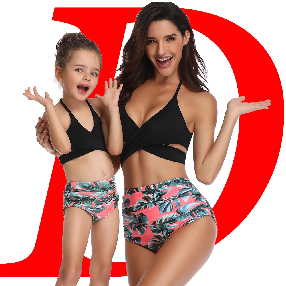 

Women's Swimsuit Mom and Daughter Black Cross Strap Bikini Set Family Matching Swimwear Women Tube Top The Parent-child Attire